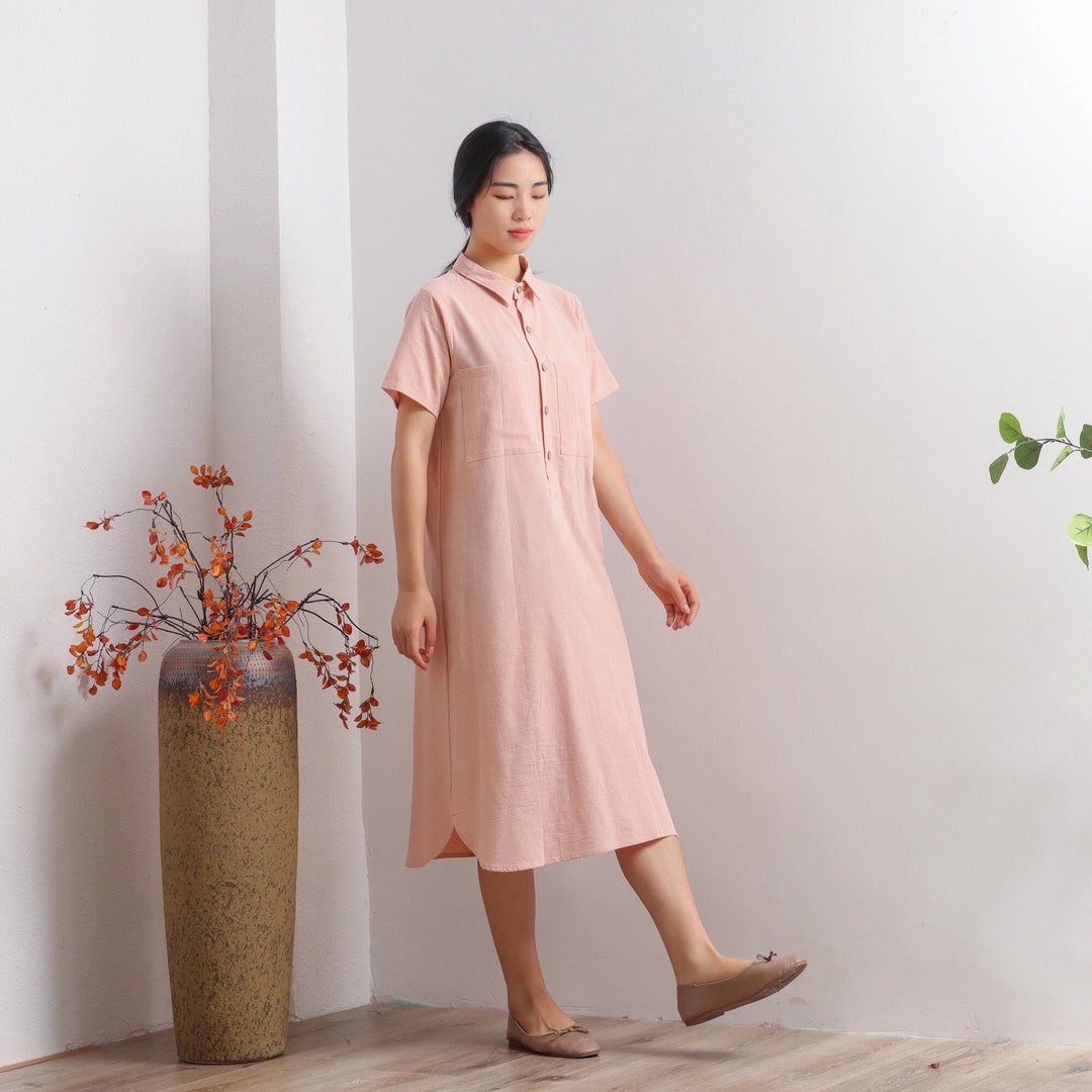 Women Summer Cotton Dresses Short Sleeves Shirt Dress Dress Long Knee