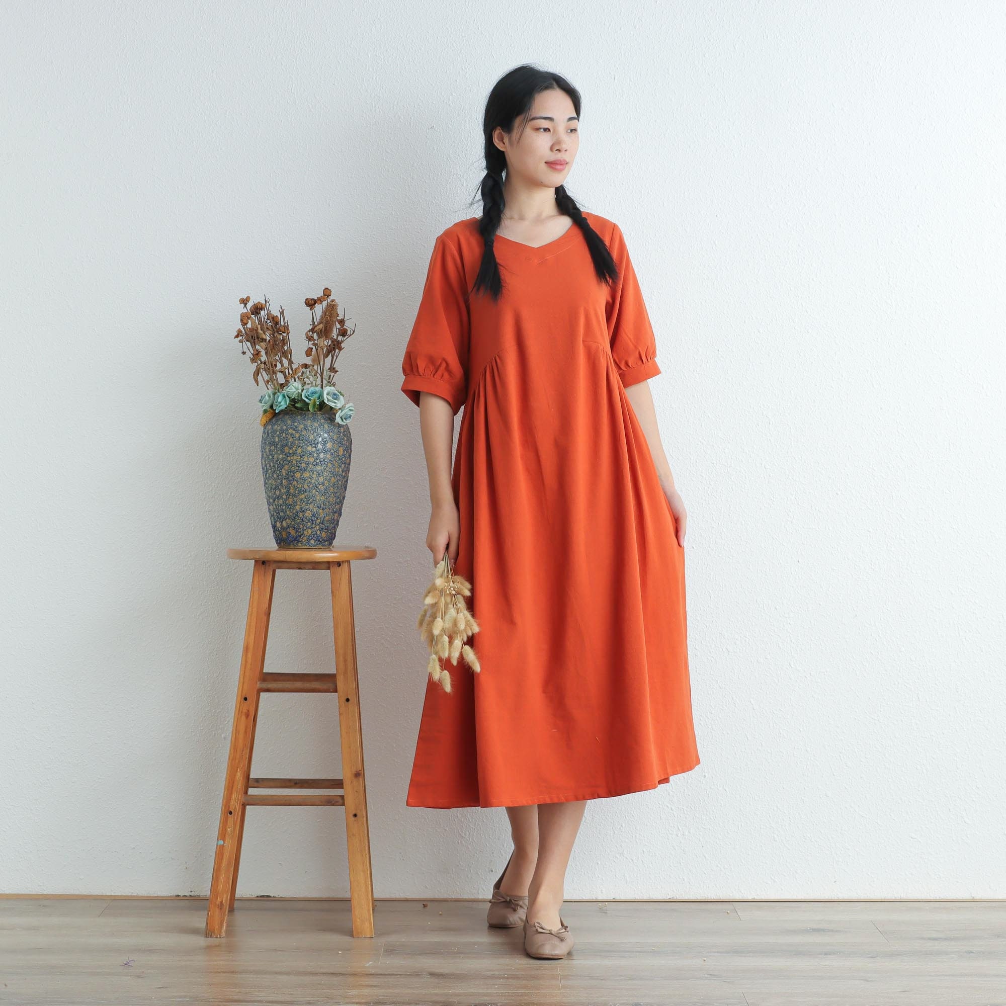 Women Summer Cotton Dresses Half Sleeves Dress Long Midi Dress Loose Robes Casual Shirt Dress Customized Plus Size Dress Boho Linen Etsy UK