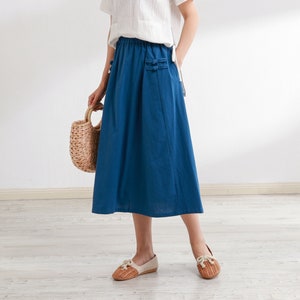 Summer Cotton Skirt Casual Loose Skirts A-line Pleated Elastic Waist Skirt Midi Skirts Customized Plus Size Skirt Boho Linen Skirt image 5