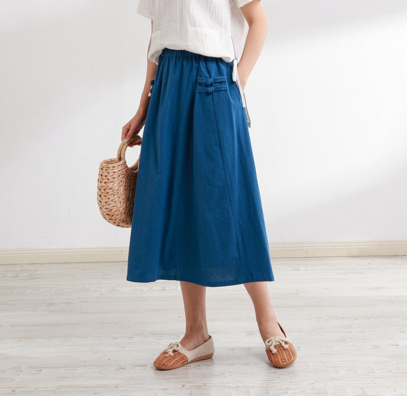 Summer Cotton Skirt Casual Loose Skirts A-line Pleated Elastic Waist Skirt Midi Skirts Customized Plus Size Skirt Boho Linen Skirt image 5