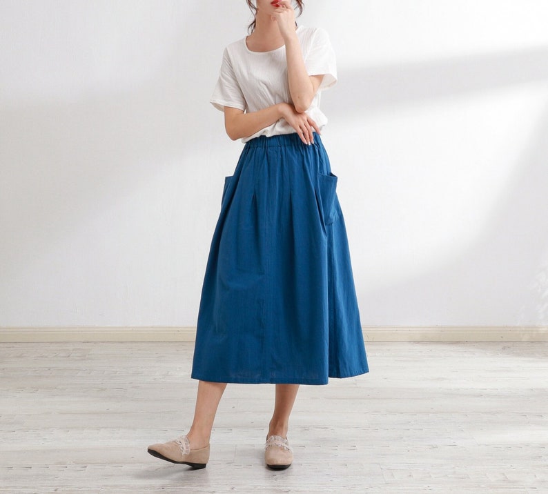 Summer Cotton Skirt Casual Loose Skirts A-line Pleated Elastic Waist Skirt Flared Midi Skirts Customized Plus Size Skirt Boho Linen zdjęcie 1