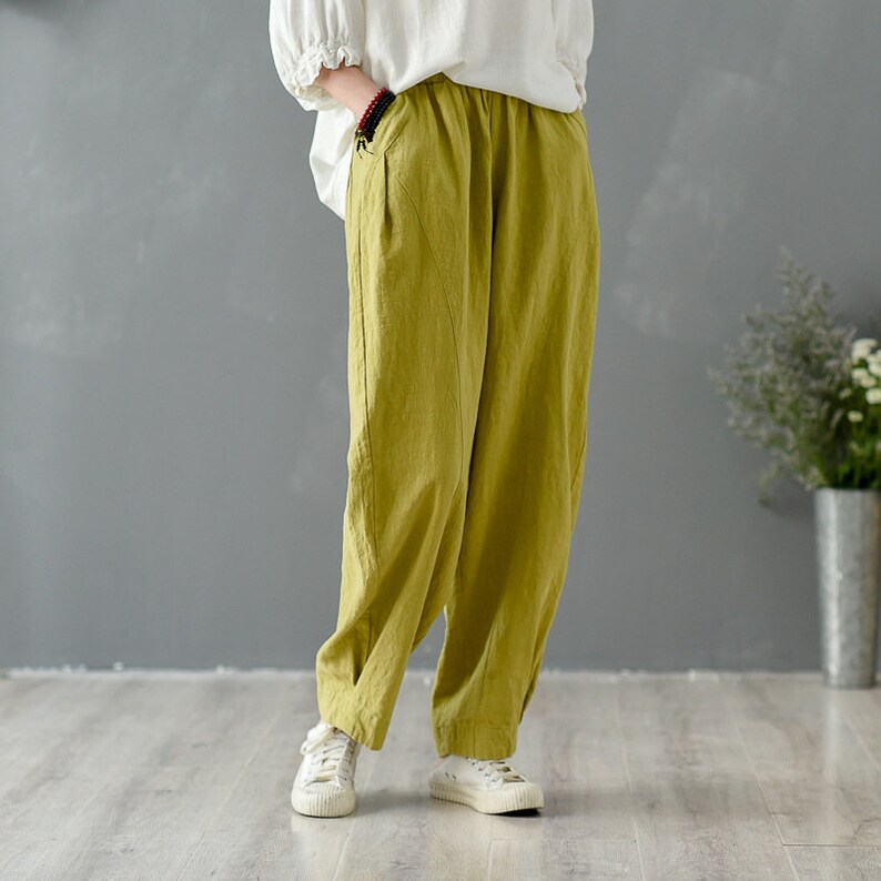 Women Elastic Waist Cotton Pants Soft Casual Loose Boho Trousers Full Maxi Pants Wide Leg Pant Customized Plus Size Pants Linen image 4