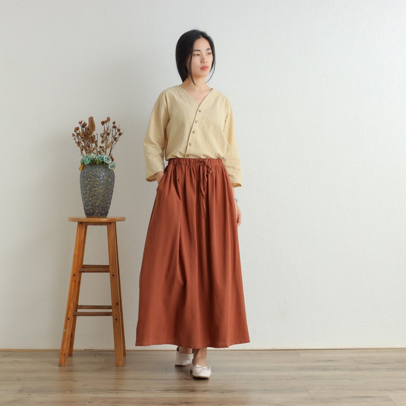 Summer Cotton Skirt Casual Loose Skirts A-line Skirt Elastic Waist Skirt Flared Midi Skirts Customized Plus Size Skirt Boho Linen Skirt image 1