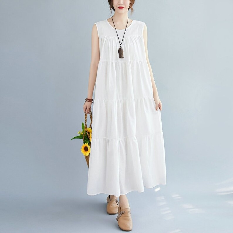 Women Cotton dresses Sleeveless Midi dress long Sundress loose Robes casual Shirt Dress Customized plus size dress boho Linen 