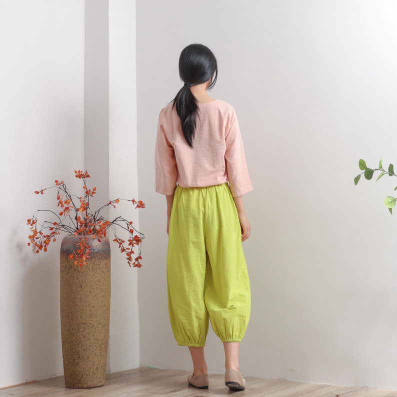 Women Elastic Waist Cotton Pants Soft Casual Loose Boho Trousers Cropped Pants Wide Leg Pant Customized Plus Size Pants Linen Pant image 6