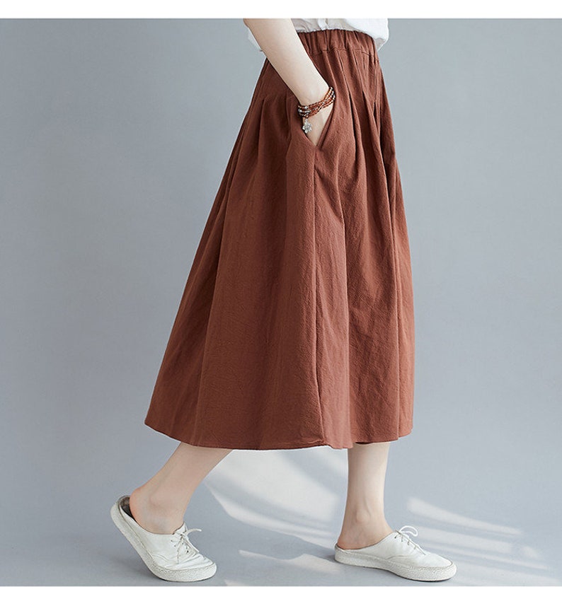 Jupe d'été en coton, jupes amples décontractées, jupe trapèze plissée à taille élastique, jupes midi évasées, jupe grande taille personnalisée, lin bohème image 5