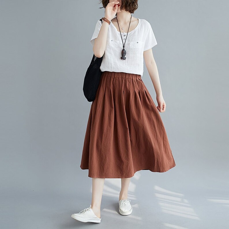 Summer Cotton Skirt Casual Loose Skirts A-line Pleated Elastic Waist Skirt Flared Midi Skirts Customized Plus Size Skirt Boho Linen zdjęcie 1