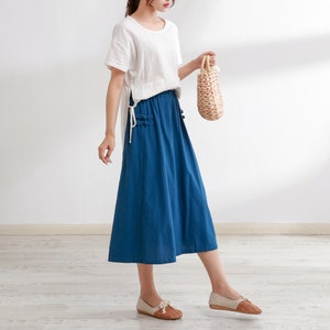 Summer Cotton Skirt Casual Loose Skirts A-line Pleated Elastic Waist Skirt Midi Skirts Customized Plus Size Skirt Boho Linen Skirt image 3