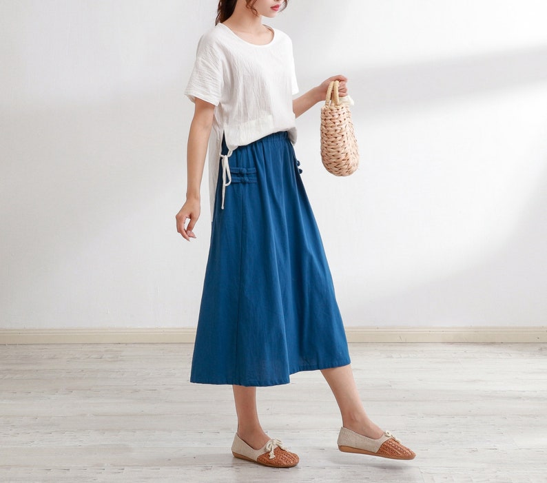 Summer Cotton Skirt Casual Loose Skirts A-line Pleated Elastic Waist Skirt Midi Skirts Customized Plus Size Skirt Boho Linen Skirt image 3