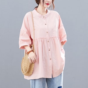 Hauts d'été en coton pour femmes, chemisier à manches 3/4, kimono décontracté ample, haut de chemise personnalisé, vêtements de grande taille, chemisier en lin image 7