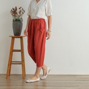 Women Cropped Pants Elastic Waist Cotton Pants Soft Casual Loose Boho Trousers Wide Leg Pant Customized Plus Size Pants Linen image 5