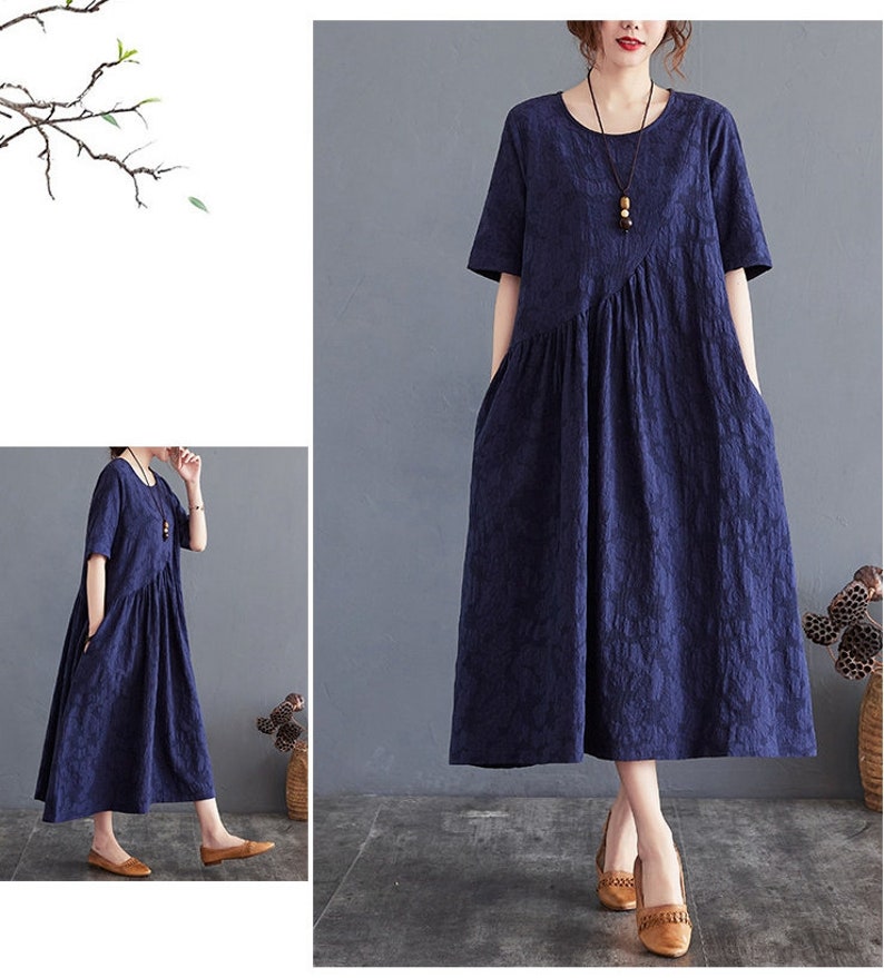 Été Jacquard Robe Coton robes manches courtes robe Midi robe amples décontractée Chemise Habillée personnalisée plus taille robe boho Lin image 5