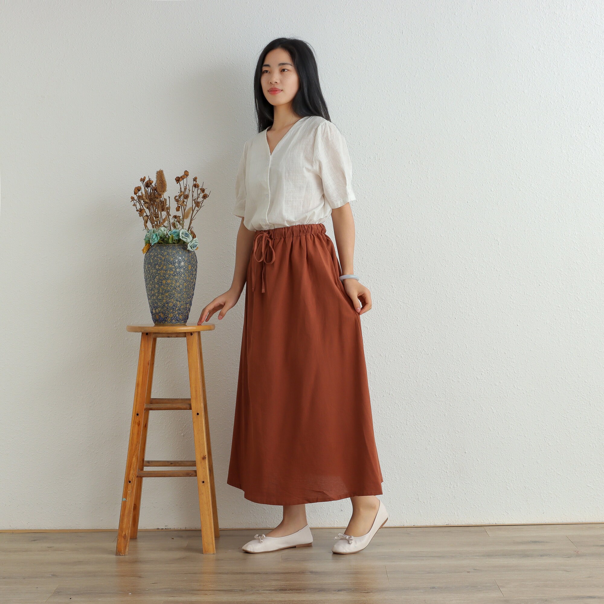 Summer Cotton Skirt Casual Loose Skirts Aline Pleated Elastic Etsy
