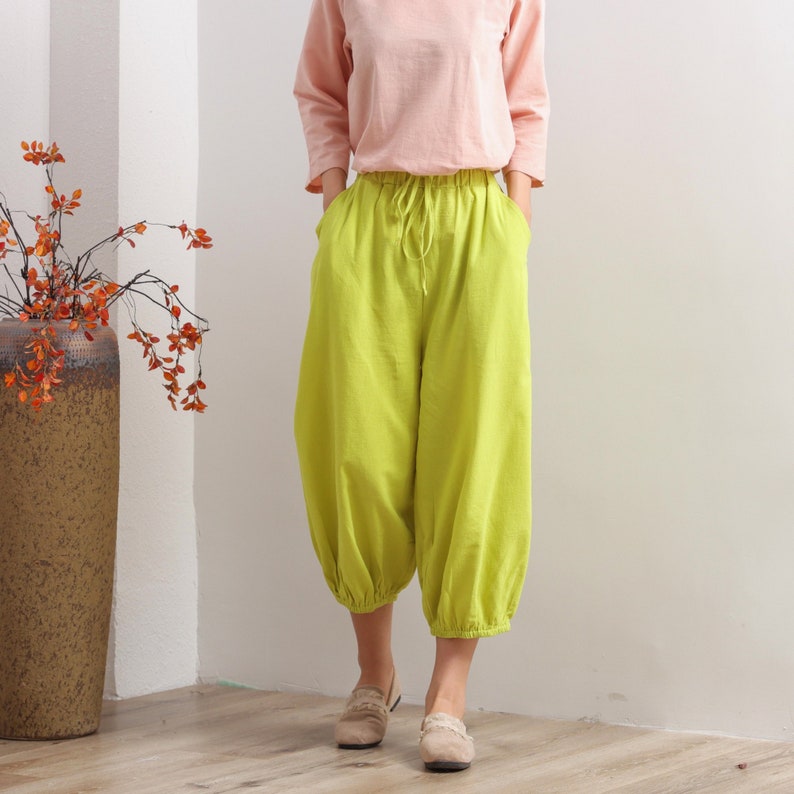 Women Elastic Waist Cotton Pants Soft Casual Loose Boho Trousers Cropped Pants Wide Leg Pant Customized Plus Size Pants Linen Pant image 1