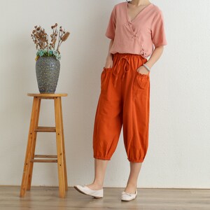 Women Elastic Waist Cotton Pants Soft Casual Loose Boho Trousers Cropped Pants Wide Leg Pant Customized Plus Size Pants Linen image 6