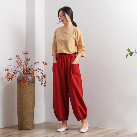 Women Elastic Waist Cotton Pants Soft 