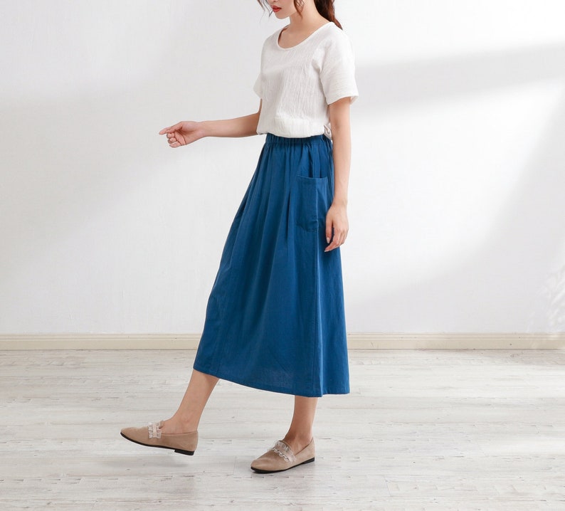 Summer Cotton Skirt Casual Loose Skirts A-line Pleated Elastic Waist Skirt Flared Midi Skirts Customized Plus Size Skirt Boho Linen image 5