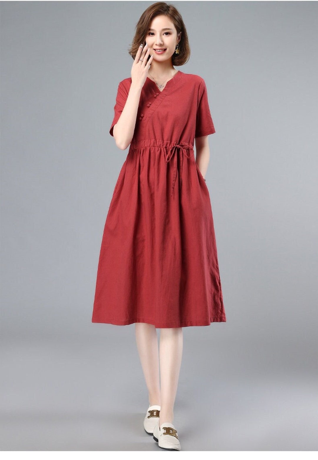 Women Summer Dress Cotton Dresses Short Sleeves Dress Long Knee Dress