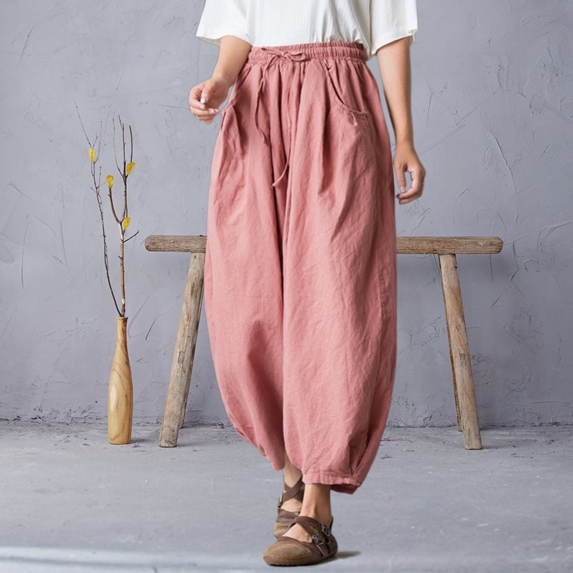 Women Elastic Waist Cotton Pants Soft Casual Loose Boho Etsy