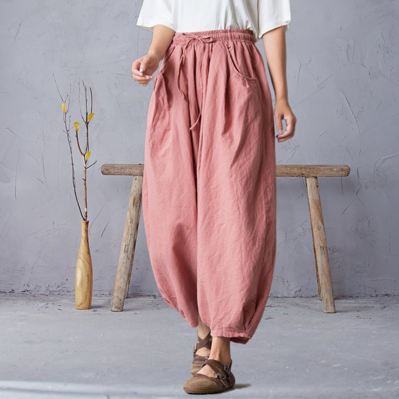 Women Elastic Waist Cotton Pants Soft Casual Loose Boho - Etsy