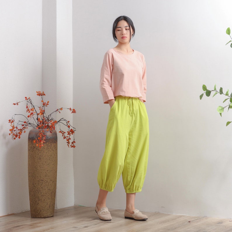 Women Elastic Waist Cotton Pants Soft Casual Loose Boho Trousers Cropped Pants Wide Leg Pant Customized Plus Size Pants Linen Pant image 3