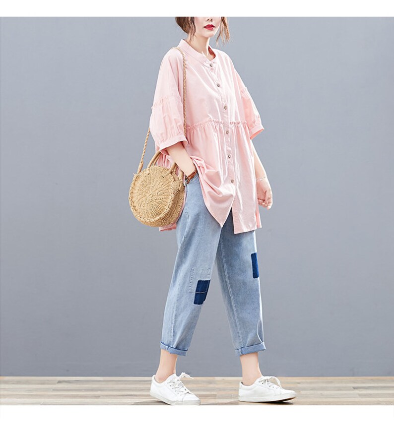 Hauts d'été en coton pour femmes, chemisier à manches 3/4, kimono décontracté ample, haut de chemise personnalisé, vêtements de grande taille, chemisier en lin image 5