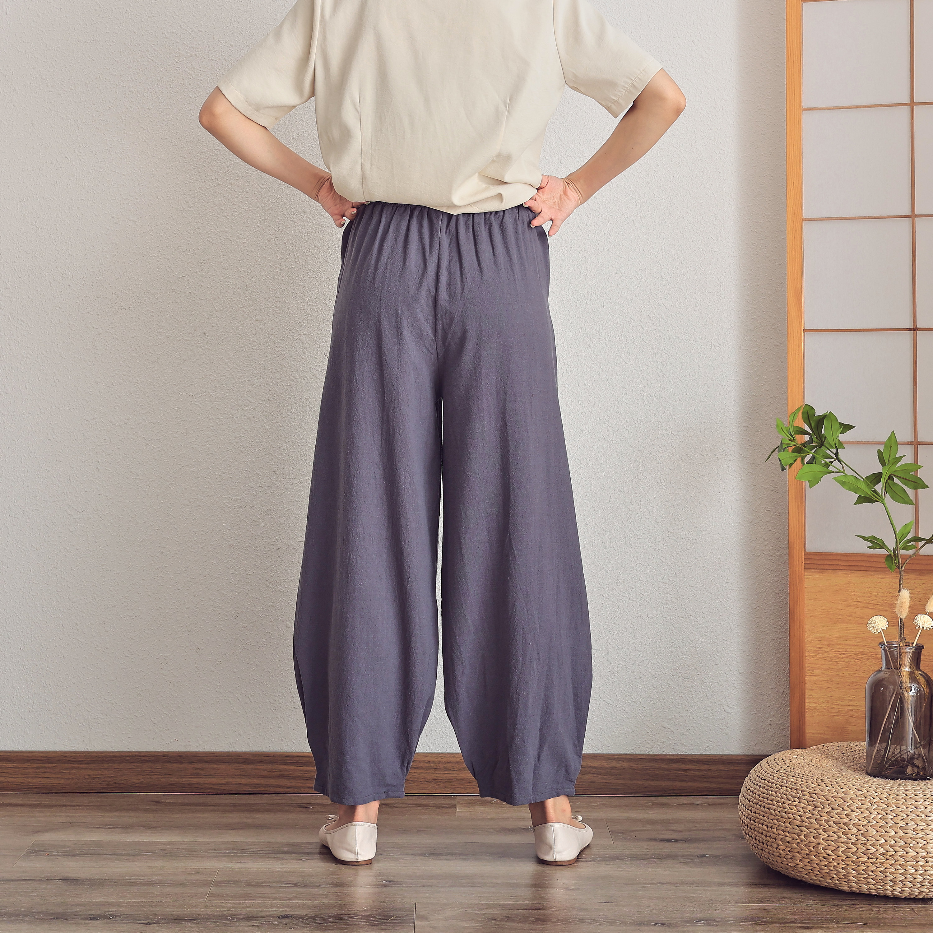 Women's Summer Boho Pants Print Loose Linen Elastic Waist Trousers