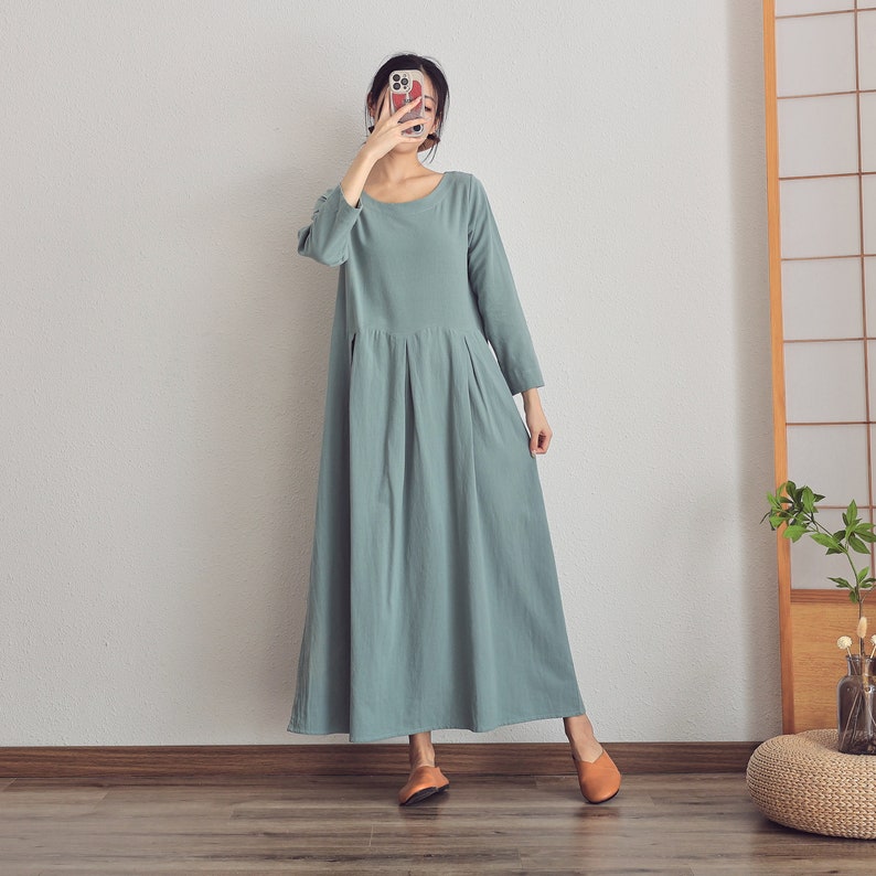 Women Summer Dress Cotton dresses Nine-point Sleeves dress long Maxi dress loose robes casual Dress customized plus size dress Linen Dress zdjęcie 5