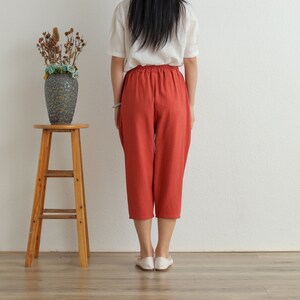 Women Cropped Pants Elastic Waist Cotton Pants Soft Casual Loose Boho Trousers Wide Leg Pant Customized Plus Size Pants Linen image 6