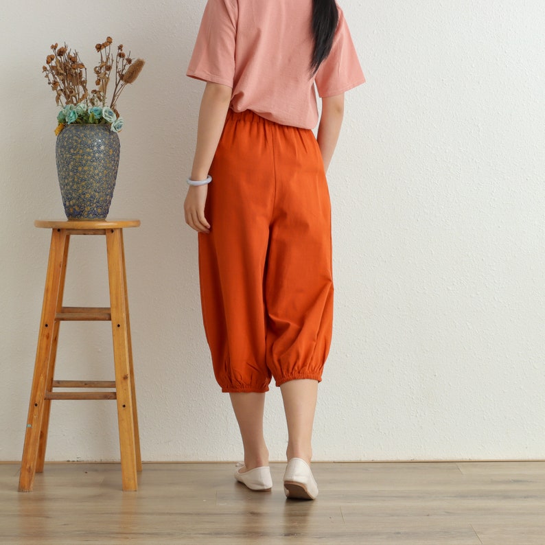 Women Elastic Waist Cotton Pants Soft Casual Loose Boho Trousers Cropped Pants Wide Leg Pant Customized Plus Size Pants Linen image 7