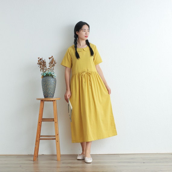 Women Summer Cotton Dresses Short Sleeves Dress Long Midi Dress
