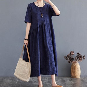 Été Jacquard Robe Coton robes manches courtes robe Midi robe amples décontractée Chemise Habillée personnalisée plus taille robe boho Lin image 2