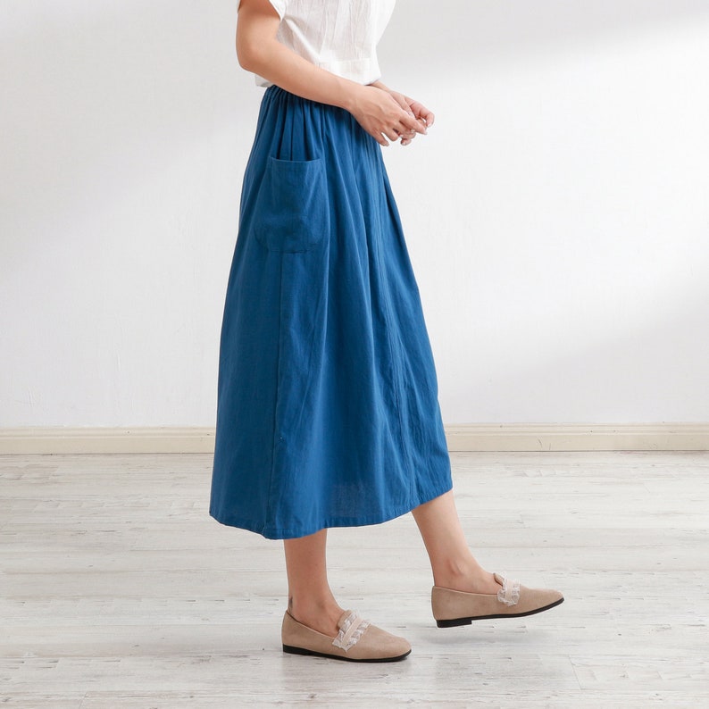 Summer Cotton Skirt Casual Loose Skirts A-line Pleated Elastic Waist Skirt Flared Midi Skirts Customized Plus Size Skirt Boho Linen image 6