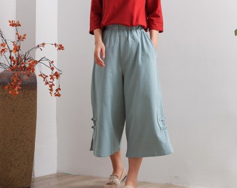 Women Elastic Waist Cotton Pants Soft Casual Loose Boho Trousers Cropped Pants Oversized Wide Leg Pant Customized Plus Size Pants Linen