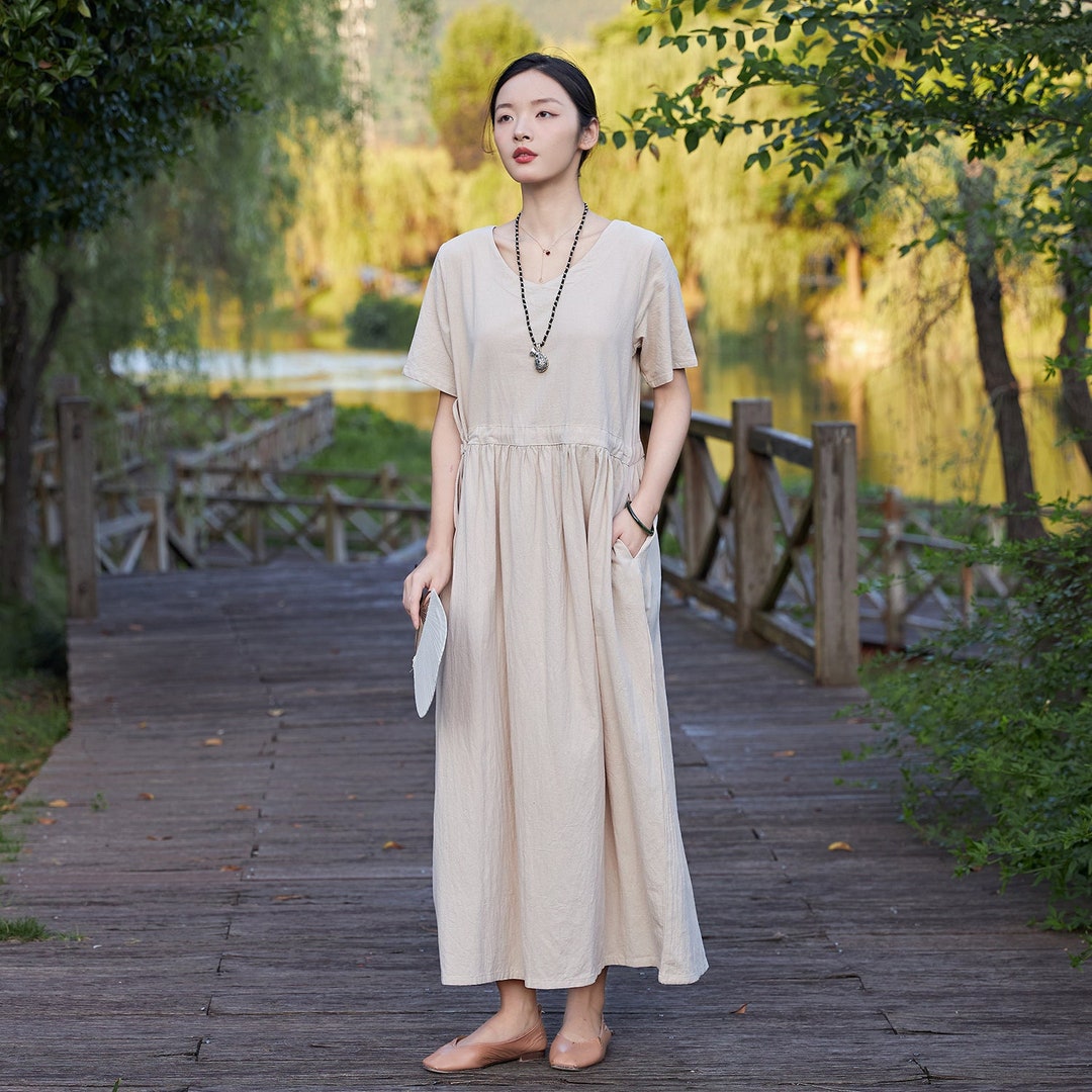 Women Summer Dress Soft Cotton Dresses Short Sleeves Dress Long Maxi ...
