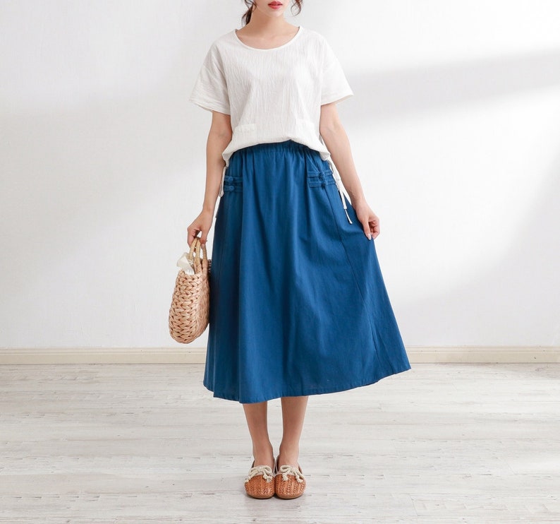 Summer Cotton Skirt Casual Loose Skirts A-line Pleated Elastic Waist Skirt Midi Skirts Customized Plus Size Skirt Boho Linen Skirt image 1