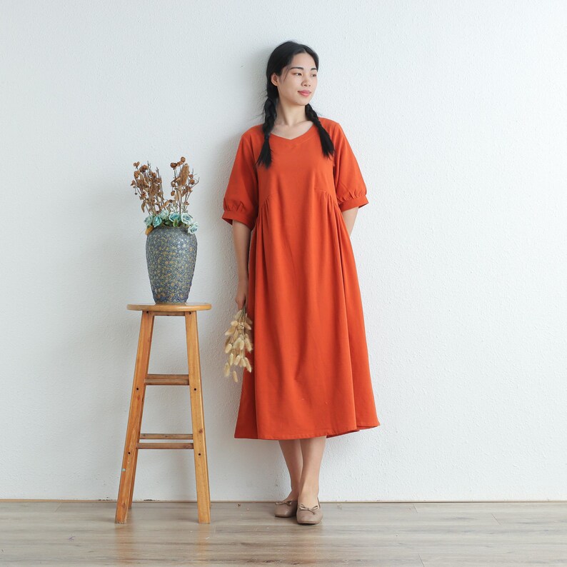 Women Summer Cotton dresses Half sleeves dress long midi dress loose robes casual Shirt Dress customized plus size dress boho Linen zdjęcie 2