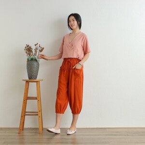 Women Elastic Waist Cotton Pants Soft Casual Loose Boho Trousers Cropped Pants Wide Leg Pant Customized Plus Size Pants Linen image 4