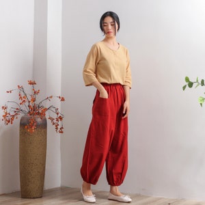 Women Elastic Waist Cotton Pants Soft Casual Loose Boho Trousers Full Maxi Pants Wide Leg Pant Customized Plus Size Pants Linen image 4