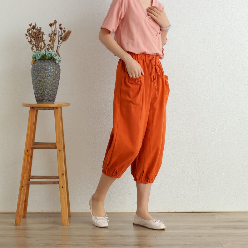 Women Elastic Waist Cotton Pants Soft Casual Loose Boho Trousers Cropped Pants Wide Leg Pant Customized Plus Size Pants Linen image 5