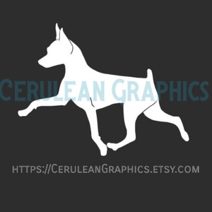 May include: White silhouette of a dog running, with the text "CERULEAN GRAPHICS" and "HTTPS://CERULEANGRAPHICS.ETSY.COM" below.