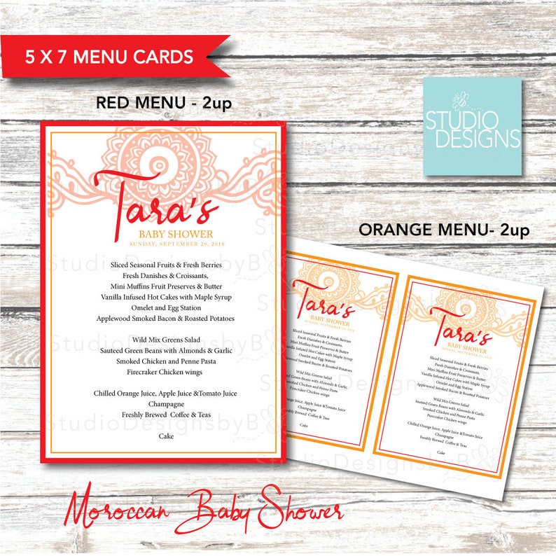 Moroccan-Themed Baby Shower Menu Cards - Red and Orange