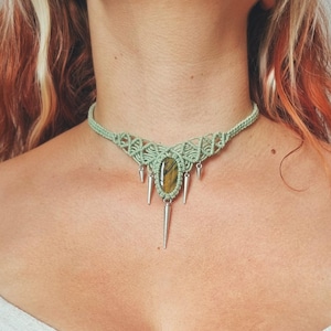 Light Green Tigers Eye Macrame Choker Necklace - adjustable cotton cord.