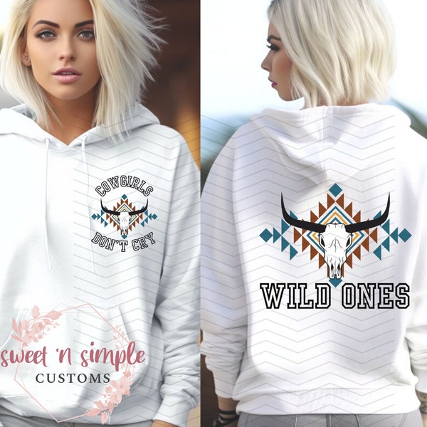 Cowgirls Don't Cry PNG T-Shirt Design - Sublimation and DTF Printing - Cow Skull Aztec Country Song Inspired