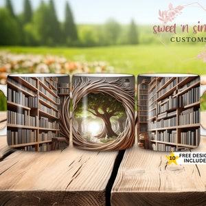 3D Book Mug Wrap Sublimation | Bookshelf Lover Mug | 11oz & 15oz Mug Design
