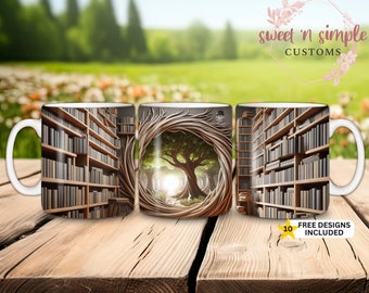 3D Book Mug Wrap Sublimation | Bookshelf Lover Mug | 11oz & 15oz Mug Design