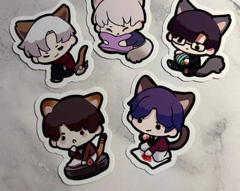 May include: Five stickers featuring cartoon cat characters with human-like features. Each sticker has a white border and depicts a cat-eared figure with different hair colors, outfits, and accessories, such as glasses and a book.