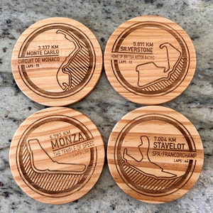 F1 inspired Coasters | 2024 Cricuits | Wooden 4&quot; Coasters