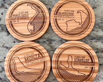 Posavasos inspirados en la F1 / Circuitos de carreras / Posavasos de madera de 10 cm