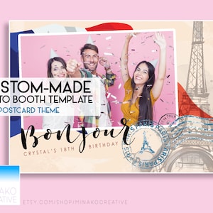Fait d’anniversaire fête va loin Bon Voyage Paris Français carte postale voyage thème Photobooth Photo Booth modèle personnalisé